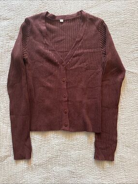 Womens Ribbed V-Neck Button Cardigan - Brown
